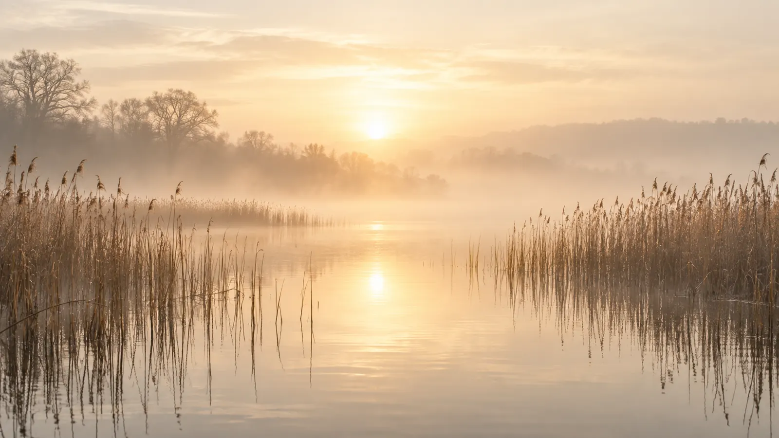 Soft morning sunlight breaking through mist over still water and a quiet meadow.