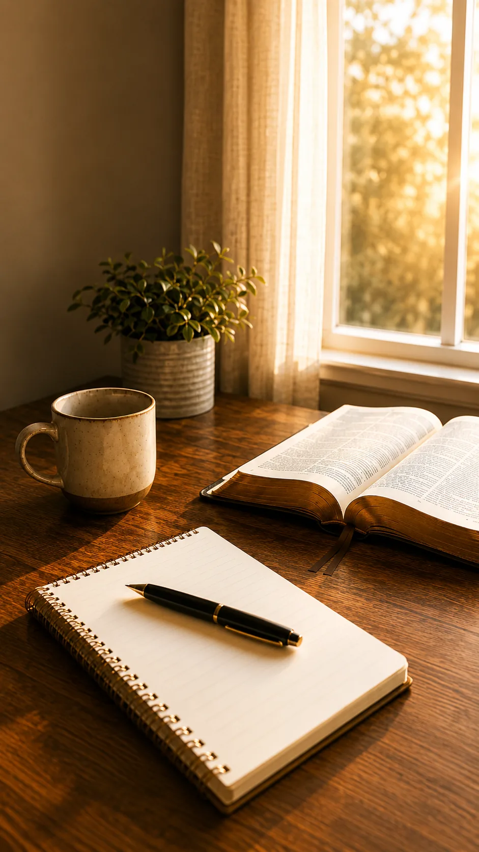 A notebook and pen beside an open Bible on a warm wooden writing desk